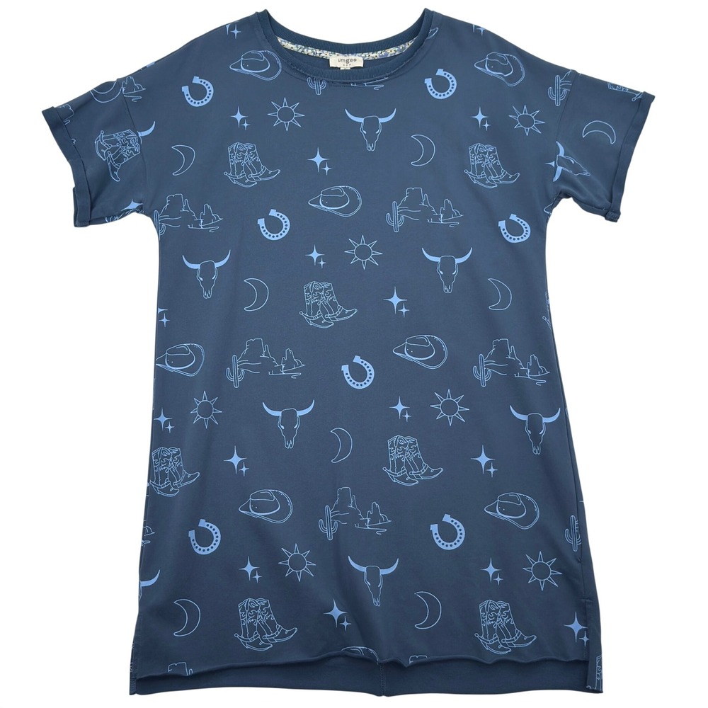 Umgee Western Graphic T Shirt Mini Dress SM Blue Short Sleeve French Terry Boxy